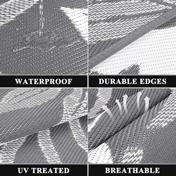 Pauwer Waterproof Outdoor Rug 9x12, Reversible Plastic Straw Patio Camping Rug, Indoor Outdoor RV Mat Carpet for Deck, Camper, Porch, Balcony, Backyard, Picnic, Floral Grey