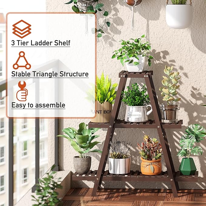 Plant Stand Indoor Plant Shelf Outdoor bamboo Plant Rack, 3 Tiers Ladder Plant Holder Flower Stand for Living Room Balcony Garden Patio,Living Room Boho Home Decor for Gardening Gifts (Brown)