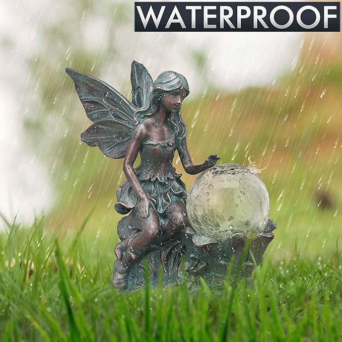 TERESA'S COLLECTIONS Fairy Garden Statues with Solar Outdoor Light for Outdoor Decor, Fairy Valentines Decorations Garden Decor Resin Sculptures with Crackle Glass Globe,Gifts for Mom Yard Decor,11.8"