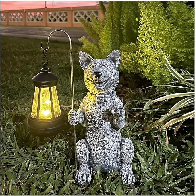 lightsfever Dog Statue with Solar Lantern, Outdoor Statues for Home Garden Balcony Decor, Solar-Powered LED Lights for Outdoor Patio Yard Lawn Decorations, Unique Gifts for Men, Moms, Grandma
