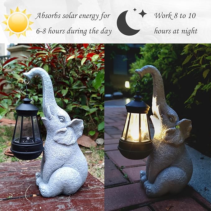 Elephant Solar Garden Statues,Resin Elephant Figurine Decorations with Solar Lights Lantern, Outdoor Elephant Decor Art for Lawn,Yard, Unique Housewarming Gift for Garden Home, VY-0617