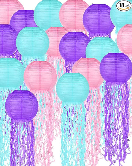 18 Pcs Jellyfish Paper Lanterns Mermaid Birthday Decorations Hanging Lantern Lamps for Ocean Theme Decor Under The Sea Party Supplies