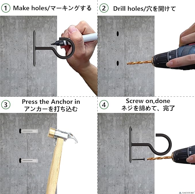 NACETURE Plant Ceiling Hooks Hanging Basket 4 Pack - Hanging Plant Hooks Indoor Wall Hanger for Decorative Home, Kitchen, Wreath Hangers for Fall Porch Decor (2.5" Black 4 Pack)