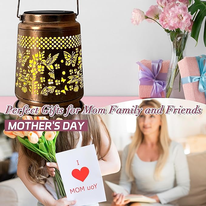 KY&BOSAM Solar Lanterns Outdoor Waterproof Hummingbird & Butterfly Lantern Garden Decor Birthday Gifts for Women Mom Metal Solar Lights Outdoor Lantern Hanging Outside for Yard Backyard Pathway Patio