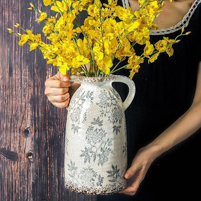 Enra Tall Vintage Blue and White Ceramic Vase with Handle, 11.2 Inch Chinoiserie Decorative Floral Vase, Large Rustic Ceramic Vase for Living Room, Office, Bookshelf, Home Decor