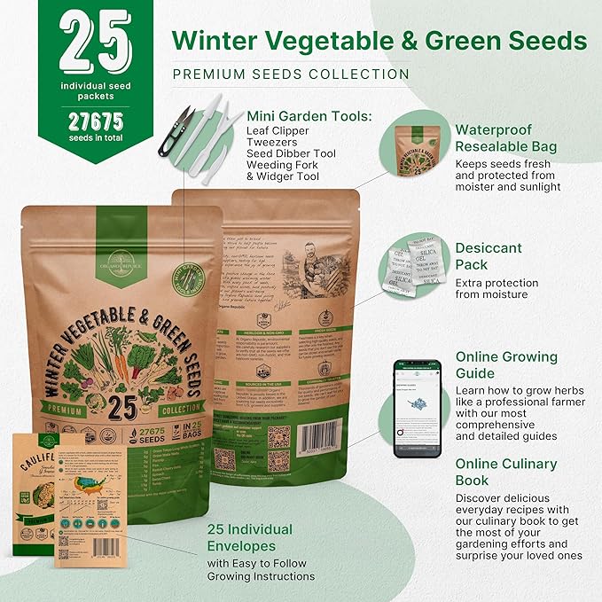 Organo Republic 25 Winter Vegetable & Green Seeds Variety Pack for Outdoors & Indoor Home Gardening 27670+ Non-GMO Heirloom Seeds: Broccoli Beet Carrot Collard Lettuce Radish Spinach Pea Kohlrabi