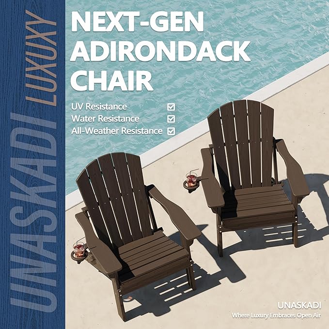 Folding Adirondack Chair Set of 3 with Cup Holder, HDPE All Weather Resistant Plastic Outdoor Patio Chairs, Heavy Duty Fire Pit Seating for Backyard Lawn Garden, Wooden Textured Design(Coffee)