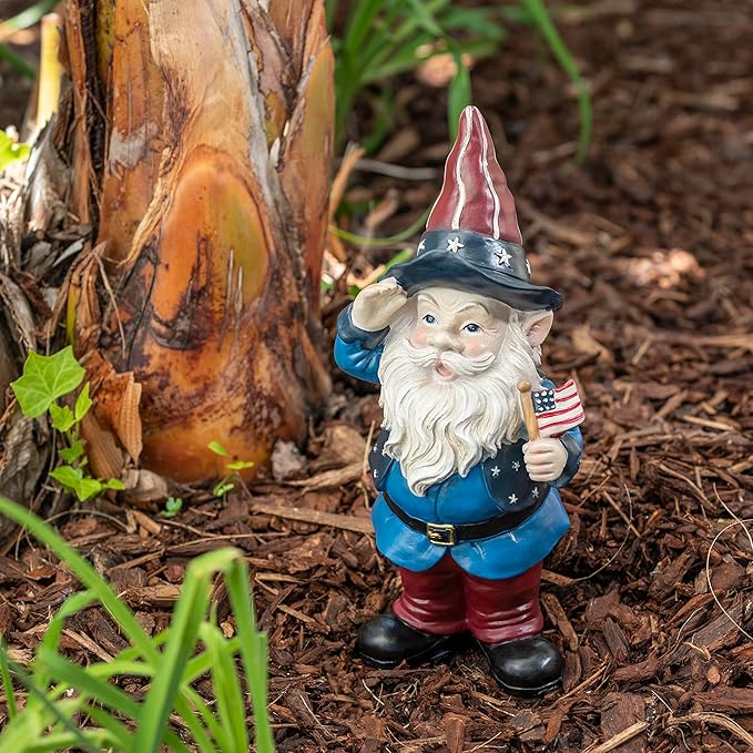 Alpine Corporation 12" Tall Outdoor Patriotic Garden Gnome Saluting Yard Statue Decoration