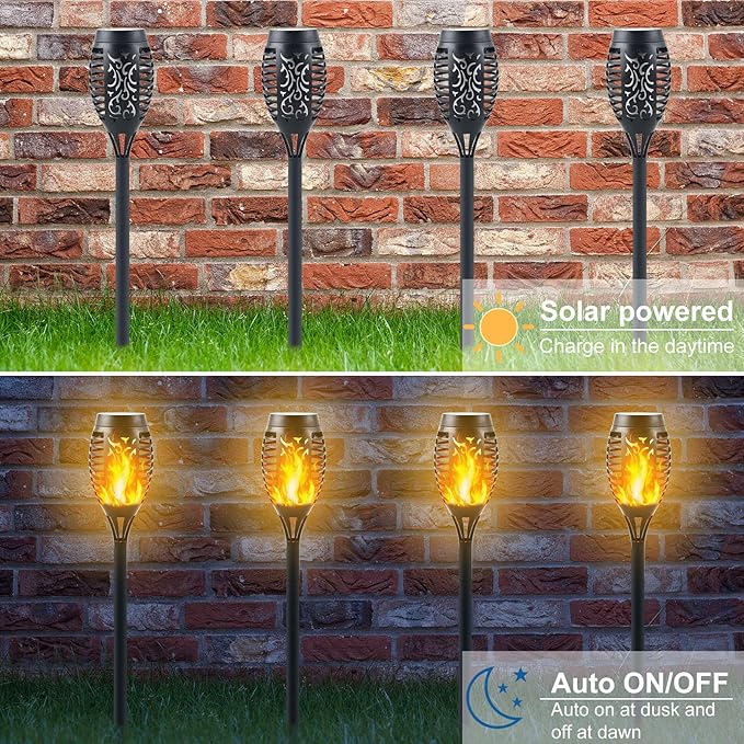 Mini Solar Tiki Torches with Flickering Flame Effect - 12LED Torch Lights Outdoor Waterproof, Perfect for Festival Decorations, Yard, Garden, Patio & Pathway Landscape Lighting (Set of 8)