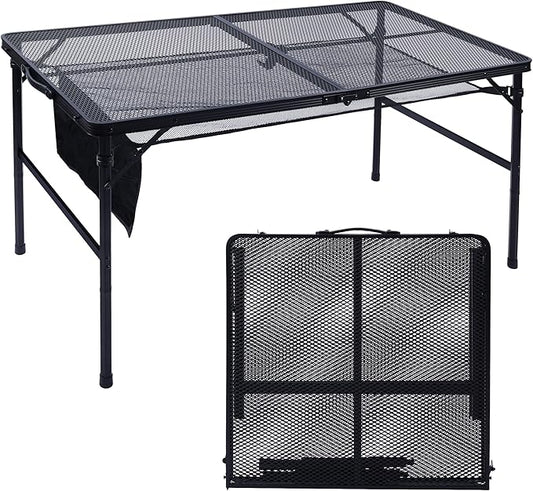 Folding Grill Table, 4x2 FT Portable Camping Table, Lightweight Height Adjustable Metal Tables with Mesh Desktop and Mesh Bag, Outdoor Tables for Camping, Picnic, Beach and BBQ, Black