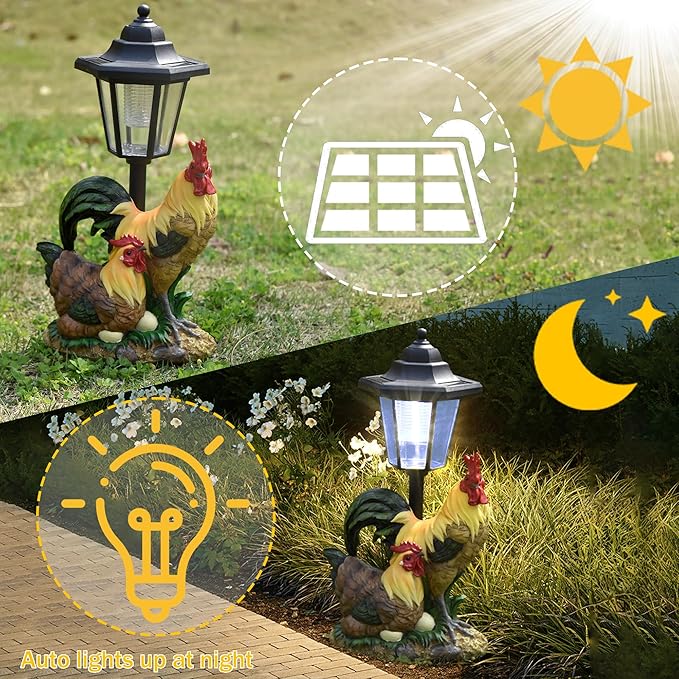 Solar Garden Outdoor Statues Rooster Hen Couple with Light, Outside-Outdoor Decorations Chicken Sculptures for Patio Yard Lawn Walkway Ornaments Clearance Gifts for Mom Grandma Birthday