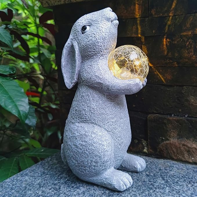 Solar Rabbit Statue Garden Decor -Rabbit Lover Gifts, with Gazing Solar LED Lights Ball Bunny Decoration for Garden Yard Patio Lawn Balcony - Gifts for Mom Grandma