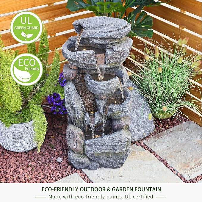 Water Features Outdoor Patio 6-Tier Cascading Rock Water Fountain 31.5''Water Fall Fountain Outside Resin Fountain with Light Mossy Rock Floor Garden Fountain Indoor for Relaxation Home Decor