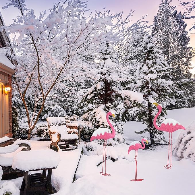 Ohuhu Family Flamingo Yard Ornaments, Set of 3 (32", 31", 19") Bright Pink Flamingos Ornaments with Metal Feet Stakes for Garden Yard Patio Party Decoration, Outdoor Decor Gardening