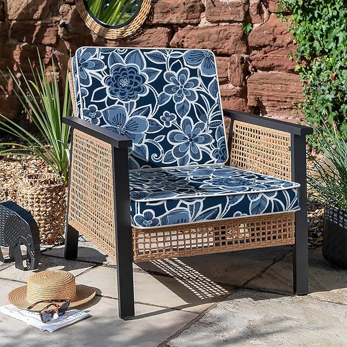 LVTXIII Patio Chair Cushions 22"x22"x3", Water-Repellent Outdoor Seat Cushions for Patio Furniture, Square Chair Pads with Ties for Home Garden Decoration, Set of 2, Flower Navy