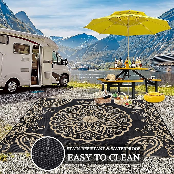 Pauwer Waterproof Outdoor Rug 6x9, Reversible Plastic Straw Patio Camping Rug, Indoor Outdoor RV Mat Carpet for Deck, Camper, Porch, Balcony, Backyard, Picnic, Boho Black Brown