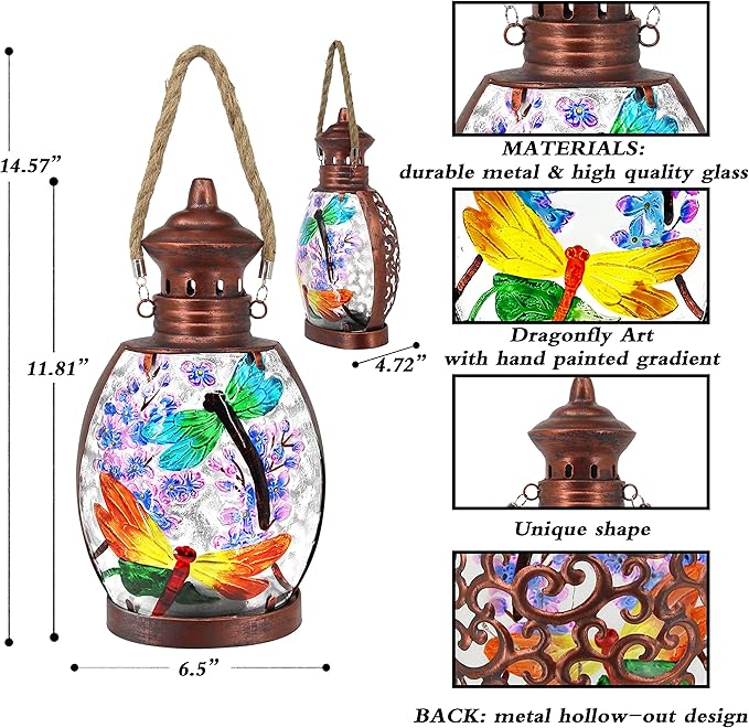 Hanging Solar Lantern Outdoor Waterproof Dragonfly Decor Solar Lights Tabletop Lamp for Outdoor Garden Yard Patio Ornament