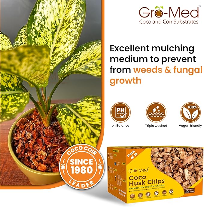 Gro-Med Coco Husk Chips Brick - Expand Upto 70 Quarts Coconut Chip Substrate, Plants, Gardening, Potting Soil Mix, Orchid Bark Alternative-OMRI Certified, Low EC, Balanced pH
