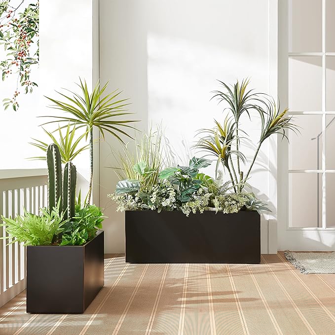 Metallic Heavy Long and Large Outdoor/Indoor Planter, Rectangular Trough Planter Box, 38”Lx15”Wx15”H, 40Pounds, Black with Hand Brushed Gold Edge, No Assemble and Seamless