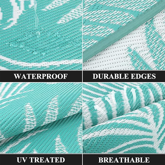 Pauwer Waterproof Outdoor Rug 8x10, Reversible Plastic Straw Patio Camping Rug, Indoor Outdoor RV Mat Carpet for Deck, Camper, Porch, Balcony, Backyard, Picnic, Leaf Light Blue