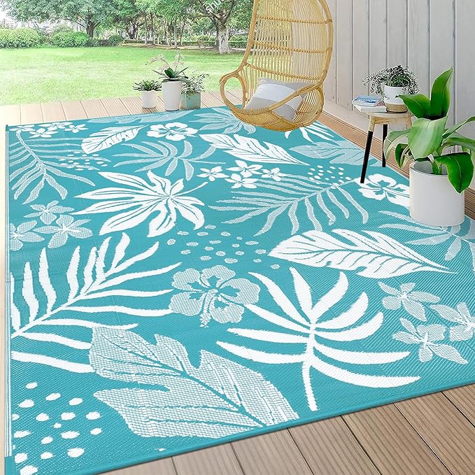 Pauwer Waterproof Outdoor Rug 8x10, Reversible Plastic Straw Patio Camping Rug, Indoor Outdoor RV Mat Carpet for Deck, Camper, Porch, Balcony, Backyard, Picnic, Floral Teal