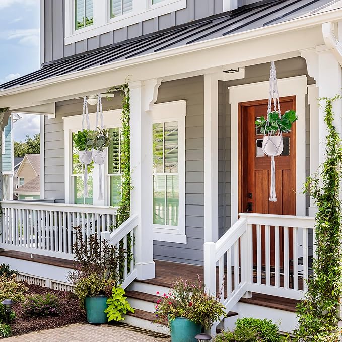 Sorbus Macrame Plant Hanger (6 Pack) Indoor Outdoor Hanging Plant Pots Cotton Rope, Elegant for Home, Patio, Garden (White)