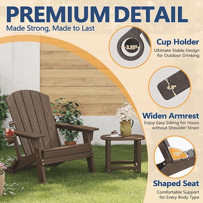 Folding Adirondack Chair Set of 4 with Cup Holder, HDPE All Weather Resistant Plastic Outdoor Patio Chairs, Heavy Duty Fire Pit Seating for Backyard Lawn Garden, Wooden Textured Design(Coffee)