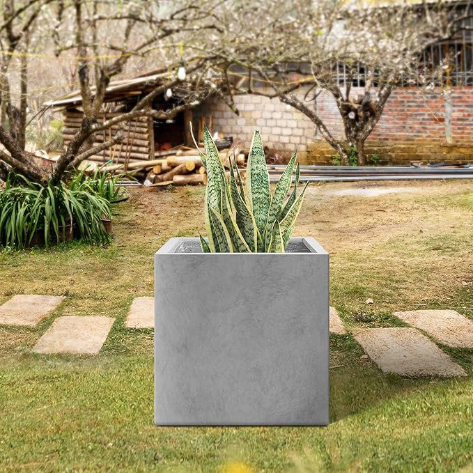 Kante 16 Inch Square Concrete Planter for Outdoor Indoor Home Patio Garden, Large Plant Pot with Drainage Hole and Rubber Plug, Natural Concrete