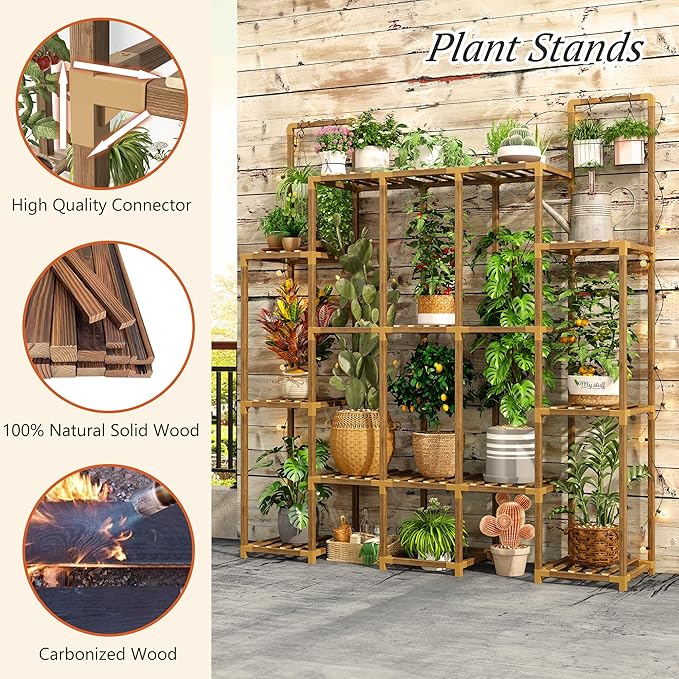 EnHomee Plant Stand Indoor for Multiple Plants with 13 Potted & Double Rod for Hanging Plant Shelf Load-Bearing 570 LBS Wood Plants Shelves 56''W*11.6''D*47''H Transformable