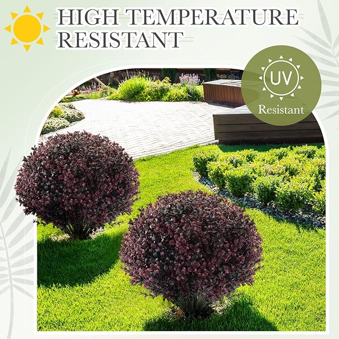 Yunlly 4 Pack 18" Artificial Boxwood Ball Bush Topiary Trees Fake Outdoor Plants, Realistic UV Resistance Faux Shrubs with Spike Greenery Topiary for Front Porch Garden Yard Patio Indoor (Dark Purple)