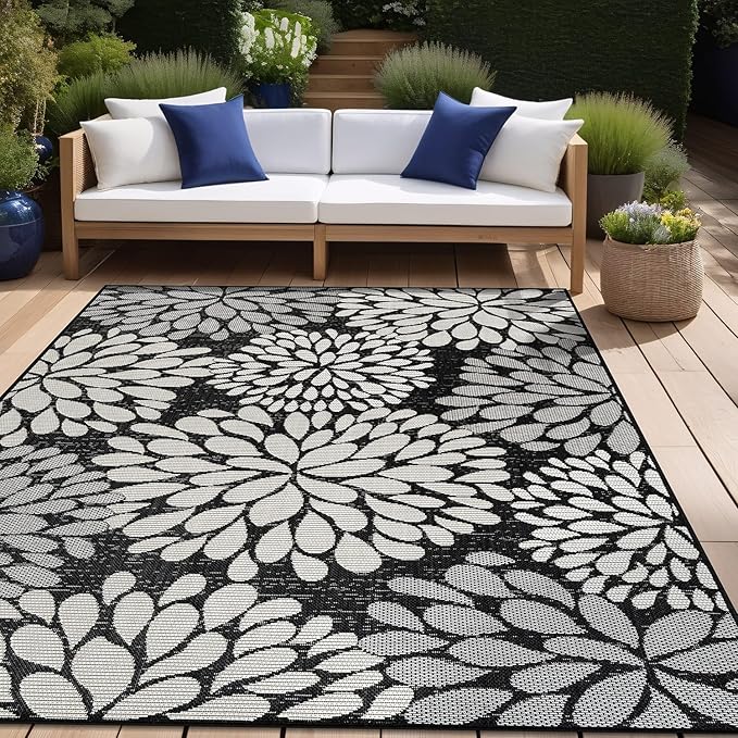 Beverly Rug Outdoor Rug 9x12 Modern Exotic Tropical Leaf Area Rugs for Indoor and Outdoor Patio Deck Porch Garden Water Resistant Washable Outside Carpet (9 x 12 Dark Gray)