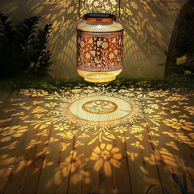 Solar Lanterns Outdoor Waterproof, Bee Garden Decor Hanging Lights, Metal Solar Lantern for Yard, Patio, Lawn, Pathway, Birthday & Gardening Gifts for Women, Mom, Grandma
