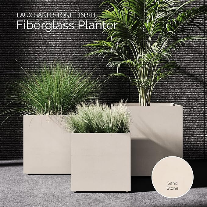 Reglito Cube Planter – Fiberglass Indoor/Outdoor and Weather-Resistant Large Planter (Sand Stone, 23.6" L x 23.6" W x 24.2" H)