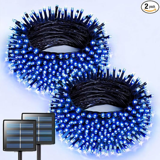JMEXSUSS 2 Pack Blue Solar Christmas Lights, Total 400 LED 151FT Solar String Lights Outdoor Waterproof, 8 Modes Blue Christmas String Light for Outside Garden Party Patio Tree Decorations