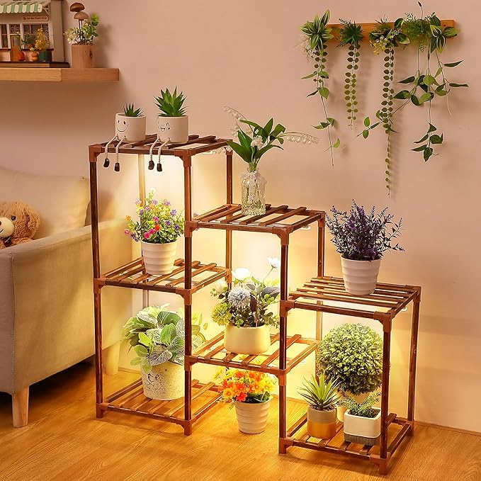 Plant Stand with Grow Lights Indoor, 7 Tiers Shape Plant Shelf with Light Full Spectrum Led Grow Light, Timer Function and Brightness Adjustment, Wood Plant Stand Indoor for Corner Living Room