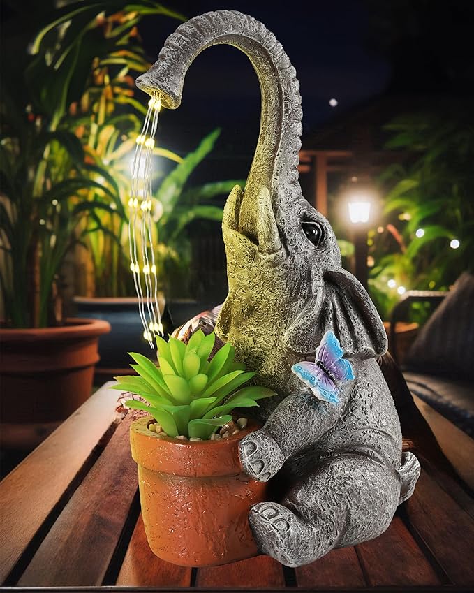 Solar Powered Resin Elephant Garden Statue with Water Fountain Light - Durable Outdoor Decor for Patio and Lawn - Unique Elephant Gift for All Ages