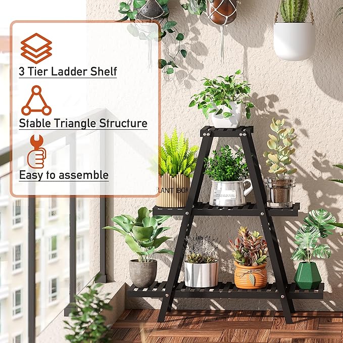 Plant Stand Indoor Plant Shelf Outdoor bamboo Plant Rack, 3 Tiers Ladder Plant Holder Flower Stand for Living Room Balcony Garden Patio,Living Room Boho Home Decor for Gardening Gifts (Black)