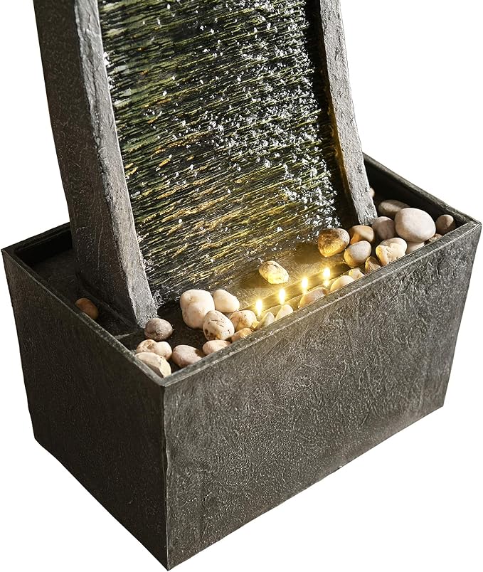 Teamson Home 38.58 in. Modern Curved Faux Slate Waterfall Fountain for Indoors or Outdoors with LED Light Accents and 1.98-Gallon Pump, Black and Stone Gray