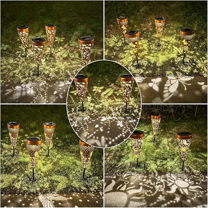 4 Pack Dragonfly Solar Garden Pathway Lights Outdoor,Metal Garden Decorations Outdoor Lights with Patterns and Warm Light,Waterproof Landscape Lighting for Path Patio Backyard Yard