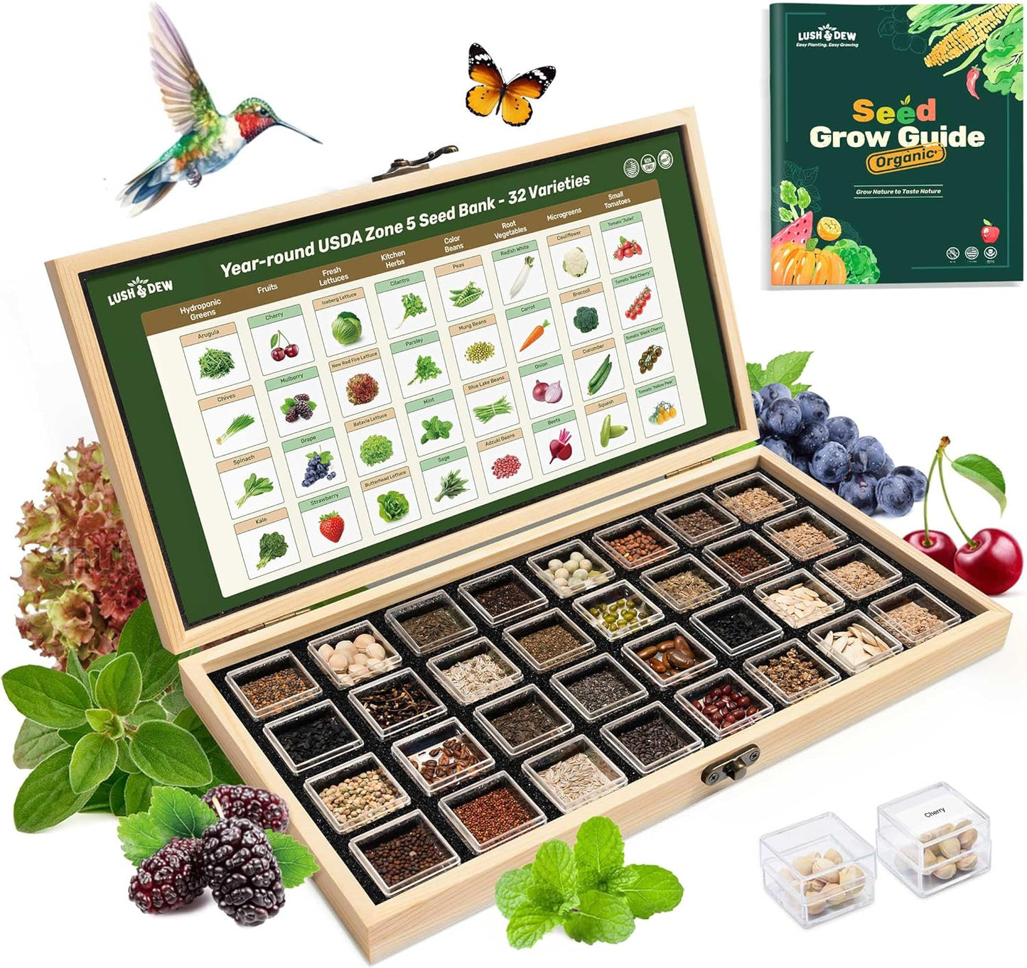 Lush&Dew Year-Round USDA Zone 5 Seed Bank, 32 Varieties Non-GMO Heirloom Seeds of Vegetables, Herbs, Gardening Gifts for Women Men, Emergency Survival Kit for Raised Garden Bed, Greenhouse
