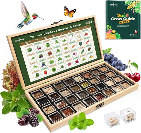 Lush&Dew Year-Round USDA Zone 5 Seed Bank, 32 Varieties Non-GMO Heirloom Seeds of Vegetables, Herbs, Gardening Gifts for Women Men, Emergency Survival Kit for Raised Garden Bed, Greenhouse
