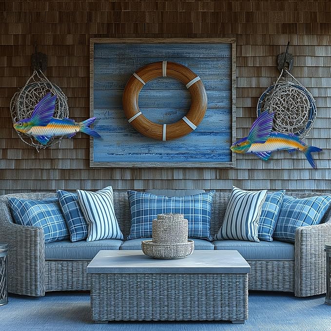 LIFFY Metal Fish Wall Decor -Outdoor Metal Fish Wall Decor - Indoor Art Sculpture - Hanging Decorations for Home, Garden, Bedroom, Sculptures, Ocean, Pool(Flying Fish Set 2,15 inch)
