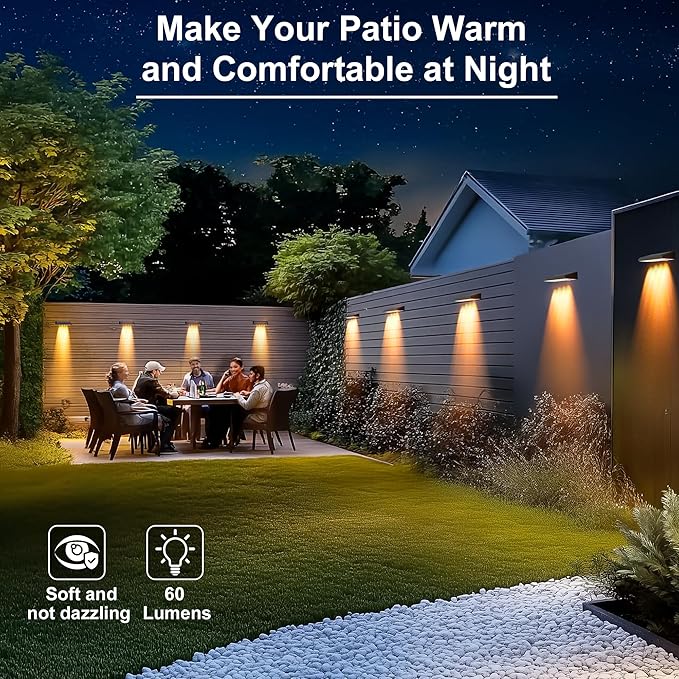 Solar Fence Lights Outdoor Waterproof IP65, 8 Pack Fence Lights Solar Powered 60 Lumens Auto On/Off Step Wall Lights Outside Decorations for Yard, Porch, Patio, Stairs, Pool, Deck, Garden- Warm Light