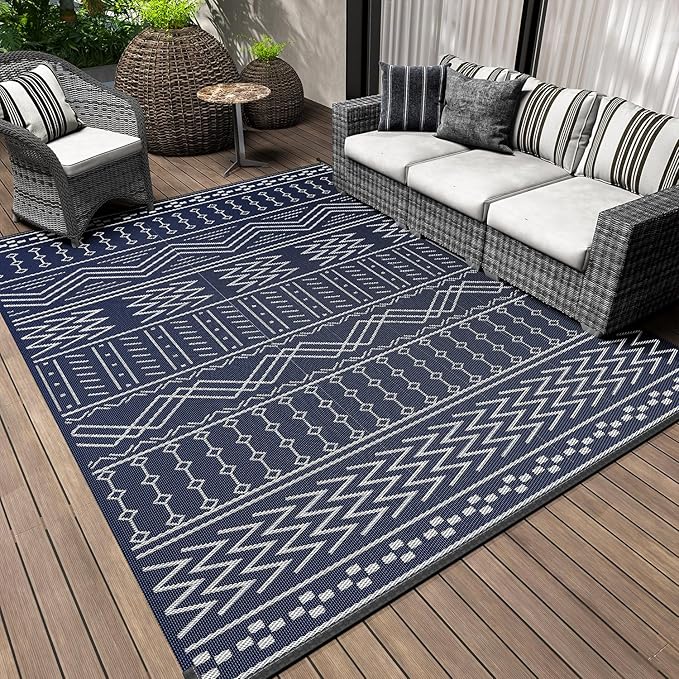 Outdoor Rug Carpet Waterproof 5x8 ft Patio Rug Mat Indoor Outdoor Area Rug for RV Camping Picnic Reversible Lightweight Plastic Straw Outside Rug for Patio Decor Decoration Boho Rug Navy Blue White