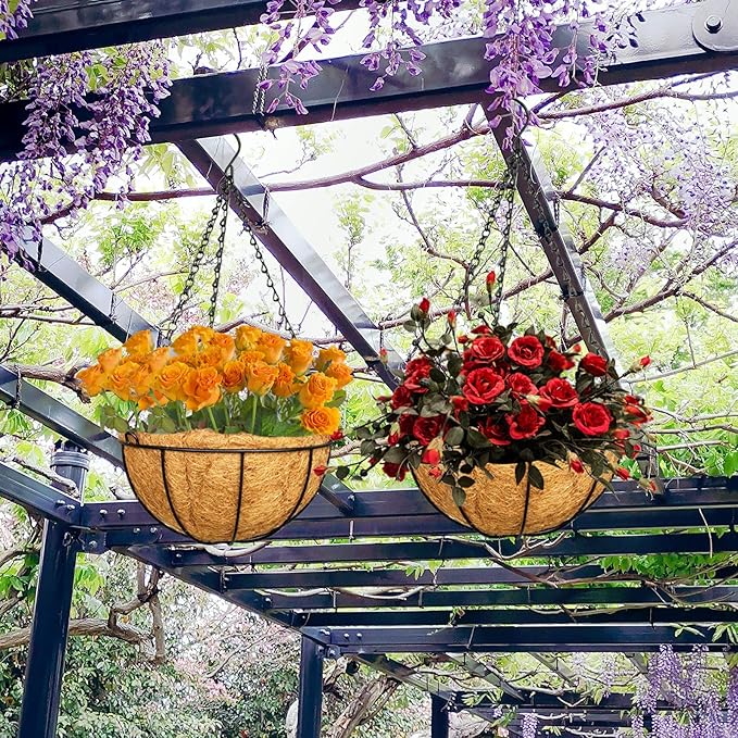 ZeeDix 3 Pack 10 Inch Metal Round Hanging Planter Basket with Coconut Liners Replacement, Hanging planters Baskets with Natural Coco Liner for Outdoor Indoor Planters Flowers Vegetables