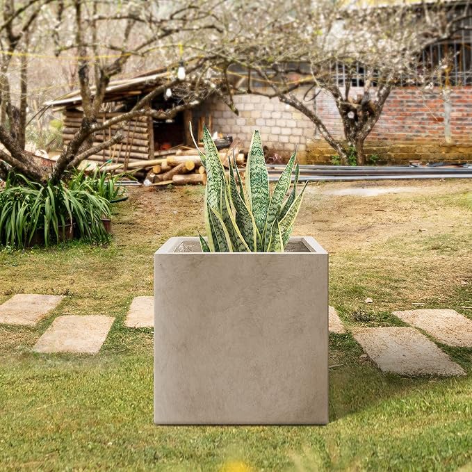 Kante 16 Inch Square Concrete Planter for Outdoor Indoor Home Patio Garden, Large Plant Pot with Drainage Hole and Rubber Plug, Weathered Concrete