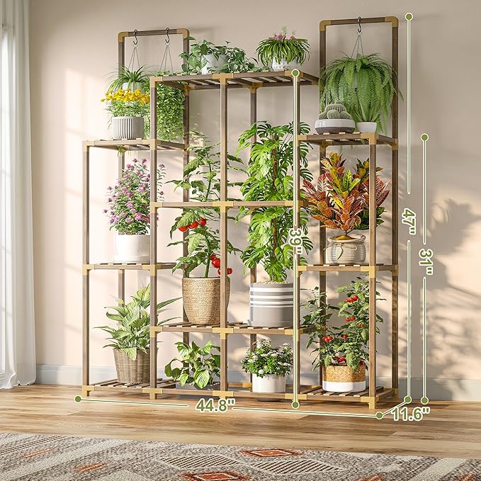 EnHomee Plant Stand Indoor for Multiple Plants with 13 Potted & Double Rod for Hanging Plant Shelf Load-Bearing 570 LBS Wood Plants Shelves 56''W*11.6''D*47''H Transformable