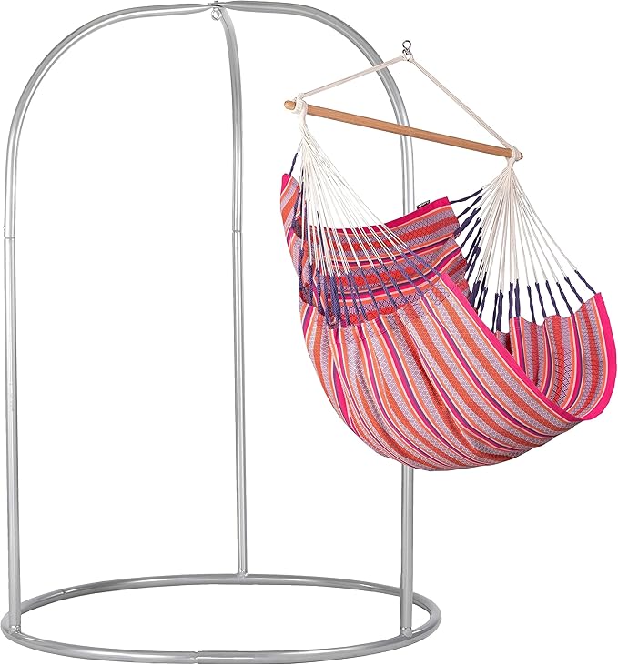 LA SIESTA® - Large Comfort Habana Cotton Hammock Chair & Romano Steel Stand - Hanging Hammock Chair w/Stand - Indoor Outdoor Hammock Chair Swing Bedroom Porch Balcony - Boho Hanging Chair - Flamingo
