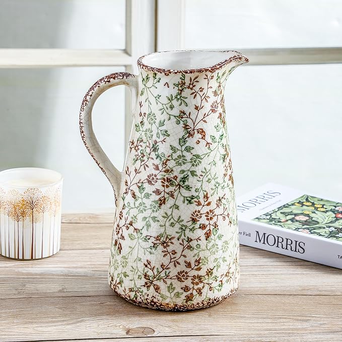 Enra Pitcher vase with Handle,12.2 in Ceramic Vintage Chinoiserie Floral Vase,Green and Beige Decorative Flower vase,Large Rustic Vases for Home Decors, Living Room, Bookshelf, Office