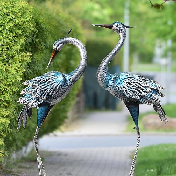 Crane Decor Statues, Blue Heron Garden Statues Metal Yard Art Outdoor Decoy, Garden Sculptures & Statues for Yard/Lawn/Pond/Outdoor Decoration, Set of 2